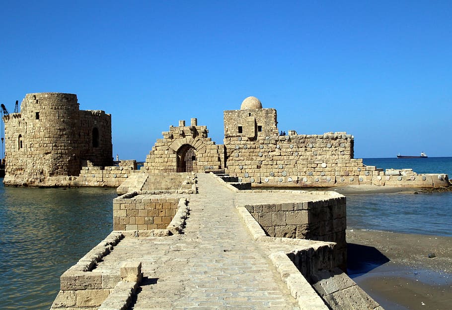 castle ruin surrounded by body of water, Saida, Lebanon, Beirut, HD wallpaper
