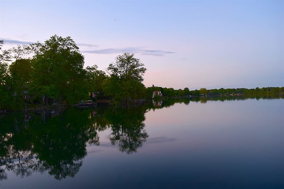 Lake, Reflection, Trees, Nature, Water, landscape, sky, blue HD wallpaper