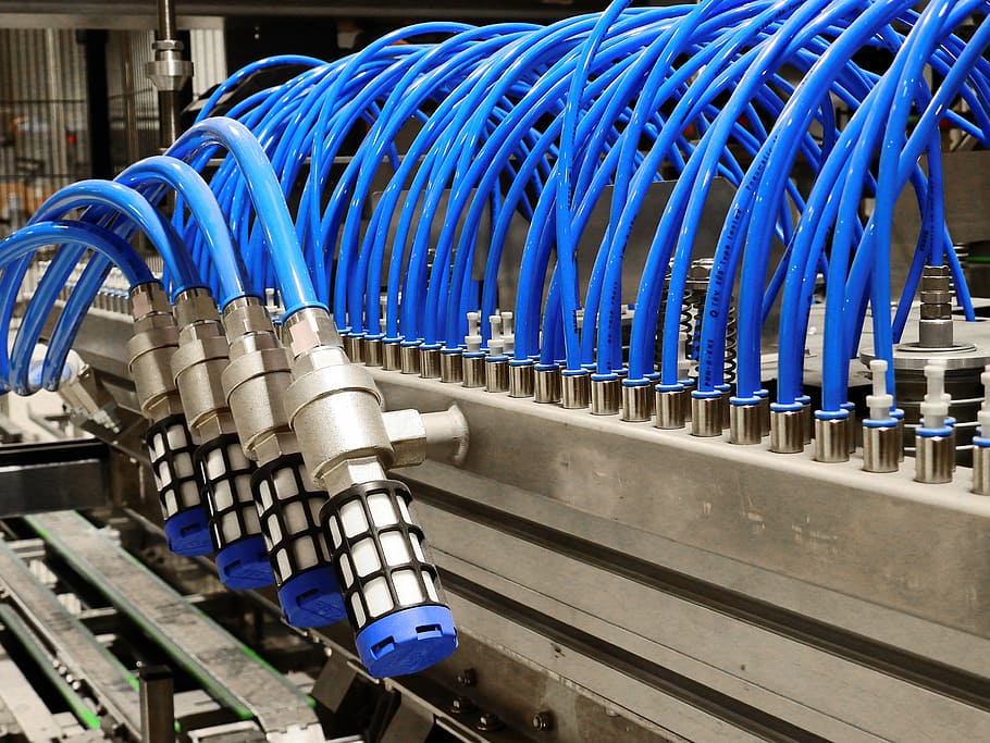 blue cables, pneumatics, compressed air, control, festo, anlagentechnik