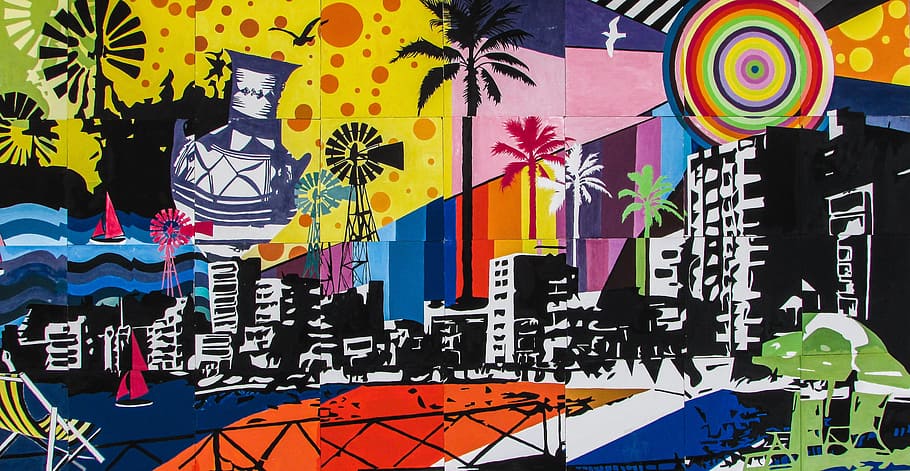 multicolored city buildings illustration, cyprus, paralimni, graffiti