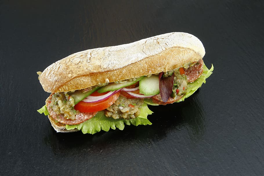 sandwich with vegetable, sausage, salami, cucumber, onion, tomato, HD wallpaper