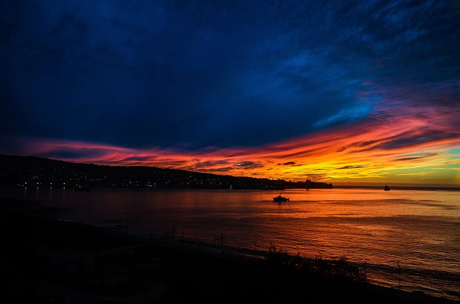 Sunset, Blue, Sky, Clouds, Horizon, beach, landscape, sea, nature, HD wallpaper