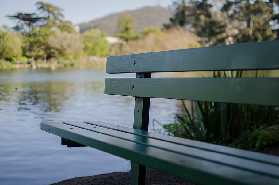 nature, river, green, bench, outdoor, lake, water, focus on foreground HD wallpaper