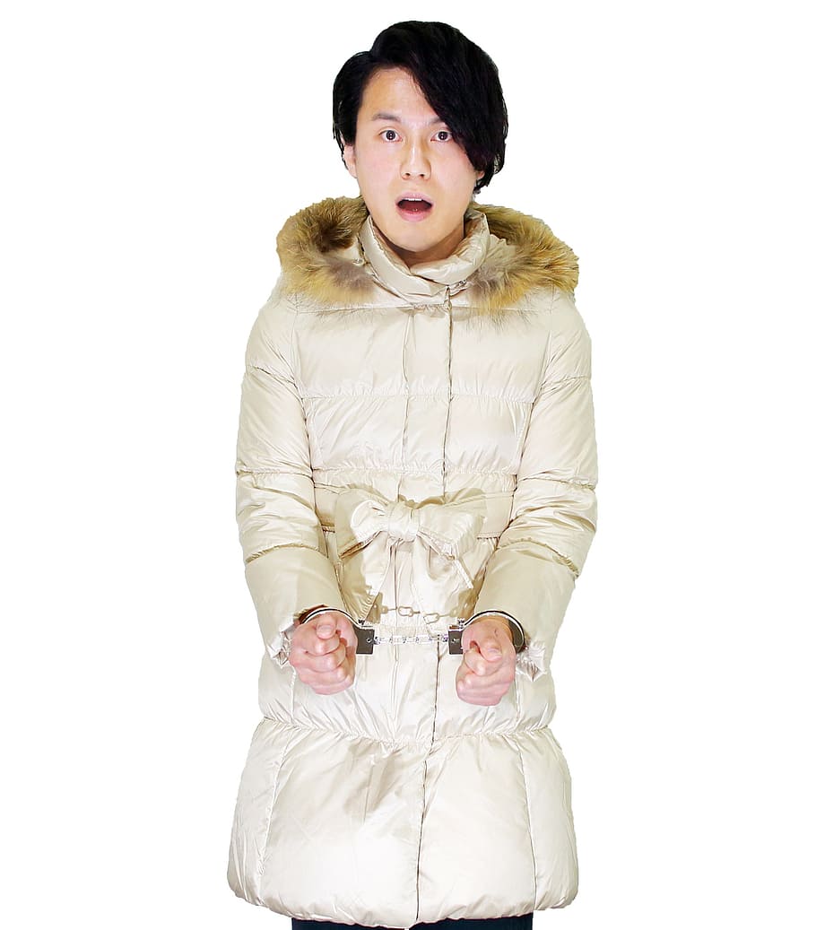men's white and brown parka jacket, slave, people, handcuffs