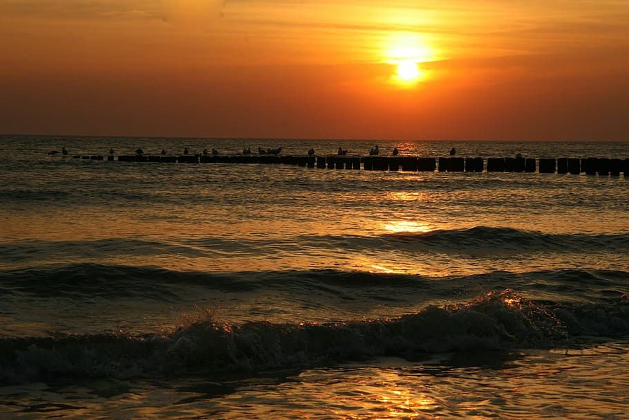 sunset, beach, silhouette, evening, romantic, sundown, sea HD wallpaper