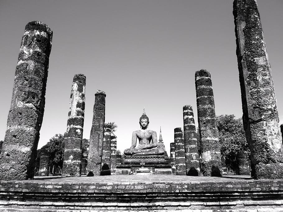 grayscale photograph of Gautama Buddha statue, building, ancient HD wallpaper
