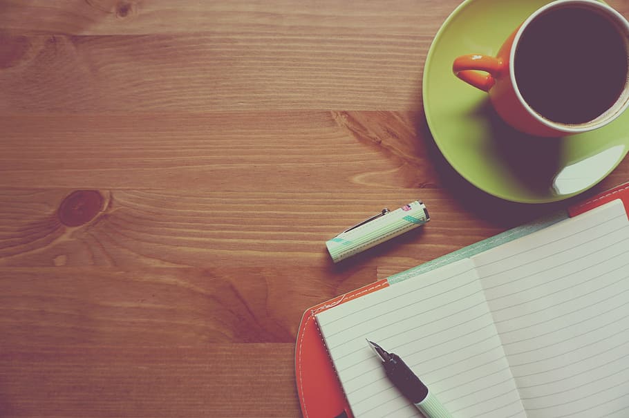 teacup on saucer near notebook, coffee, wooden, background HD wallpaper