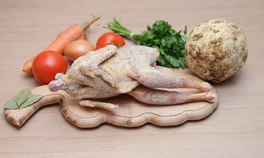 dressed chicken with vegetables, carrots, celery, chipper, country
