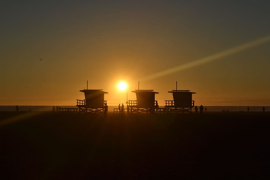 Sunset, Beach, Sea, Coast, sky, silhouette, built structure HD wallpaper