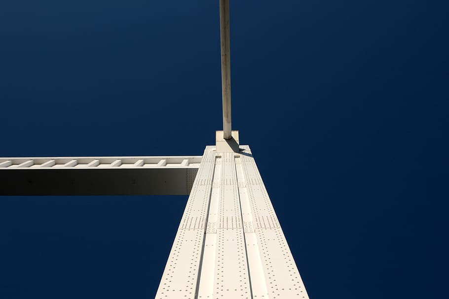 bridge, buildup, rivet, works, blue, sky, clear sky, low angle view HD wallpaper