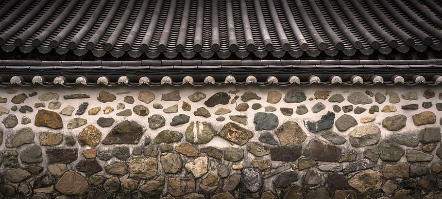 brown concrete wall, roof tile, stone wall, hanok, traditional, HD wallpaper