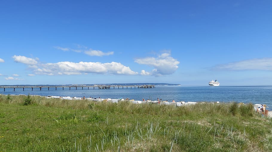 beach, summer, sun, binz, cruise ship, baltic sea, holiday HD wallpaper