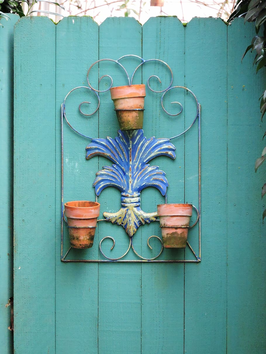 garden, gate, ornamentation, metal, terra cotta, aqua, blue, HD wallpaper