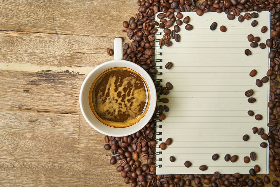 coffee bean, notebook, the work, office, cup, coffee cup, beverage, HD wallpaper