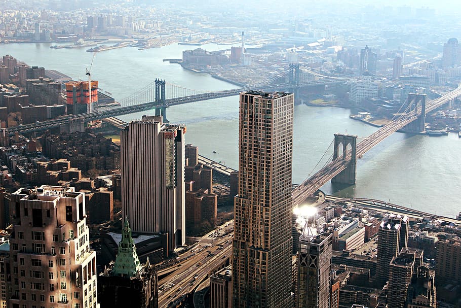 photo of Brooklyn bridge, aerial photography of Brooklyn Bridge and Manhattan Bridge HD wallpaper