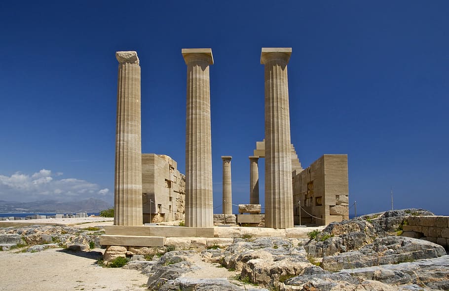three columns with ruined structure, temple, athena, lindia HD wallpaper
