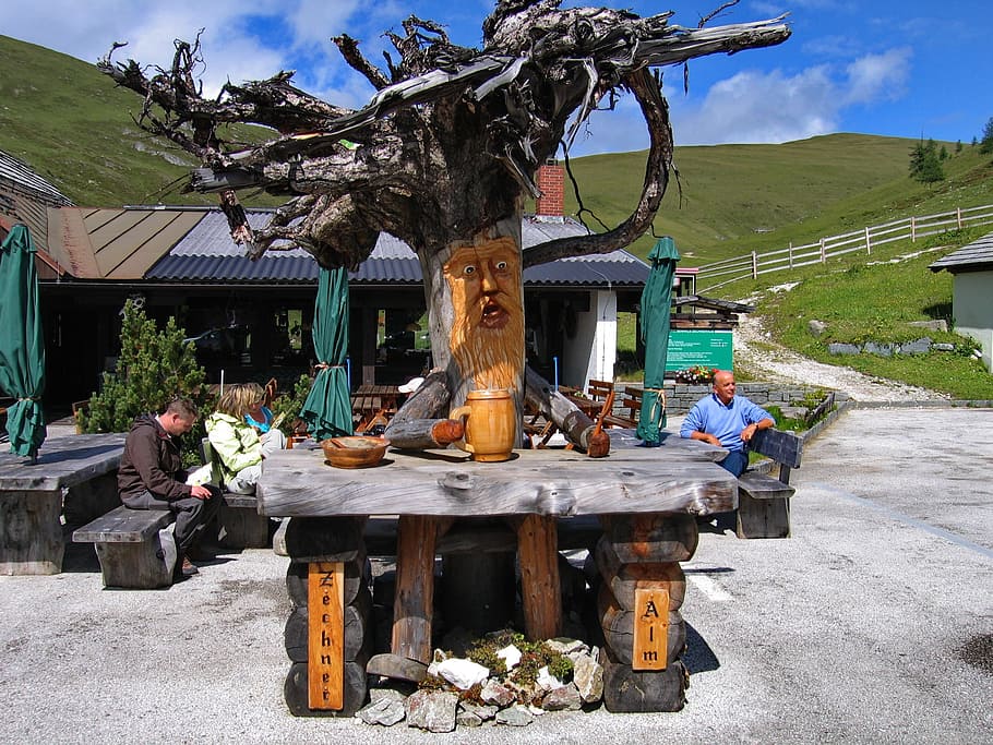 wurzelsepp, carving, tree root, alm, austria, mountain hut HD wallpaper