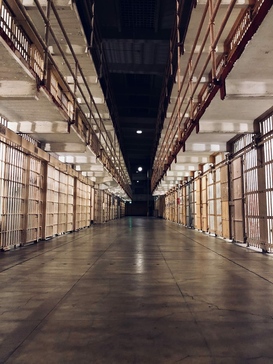 prison cells, road between cages, alcatraz, bars, corridor, jail, HD wallpaper