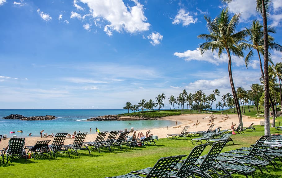 blue chairs near body of water during day time, lagoon, ko olina