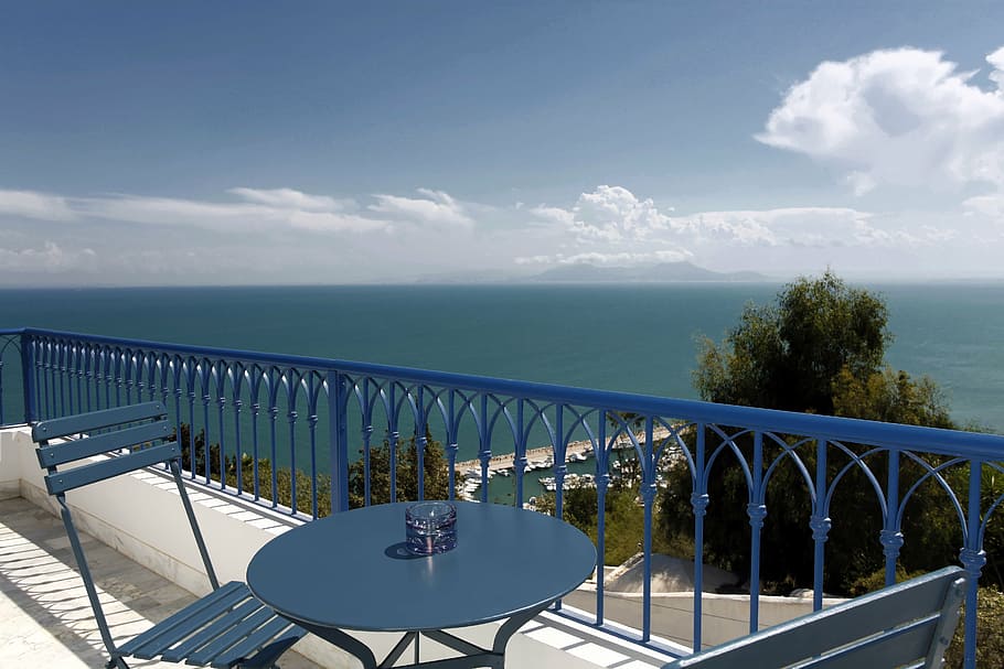 la villa bleue, sidi bou said, tunisia, water, sea, railing, HD wallpaper