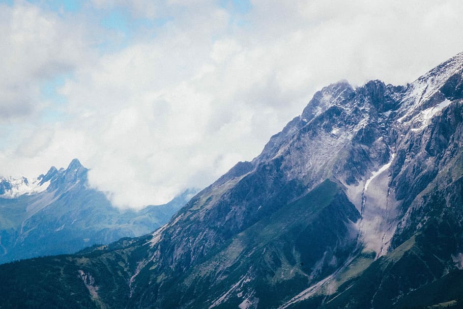 gray and green mountains under white clouds, aerial view of mountain, HD wallpaper