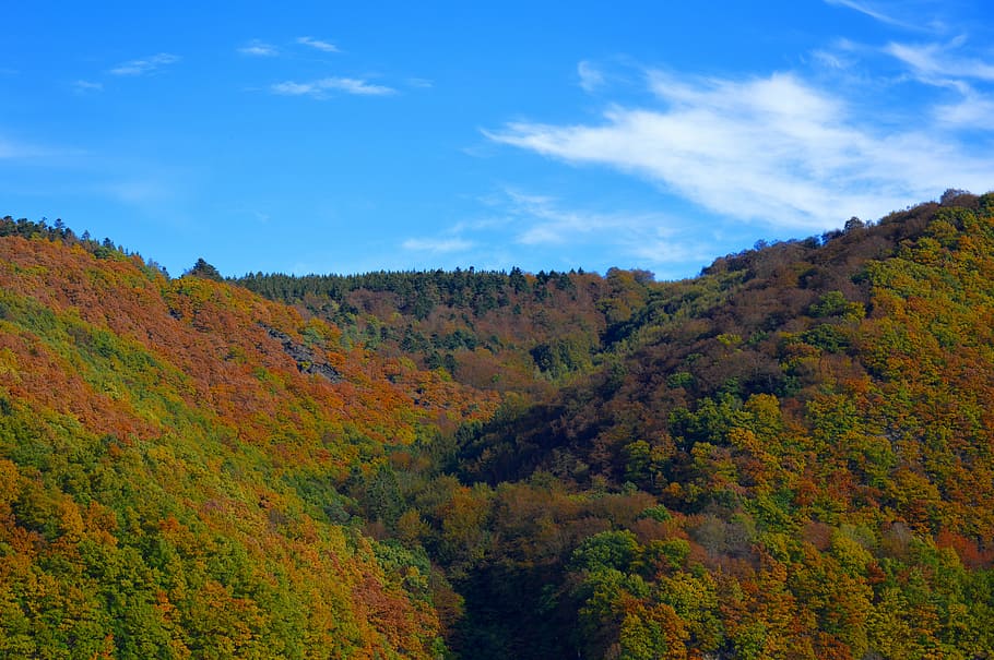 green and brown mountain during clear cloudy sky, rurtalsperre HD wallpaper