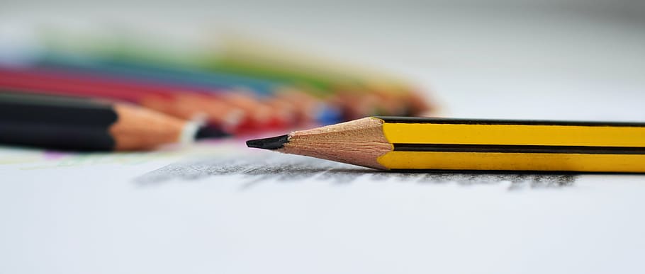closeup photography of yellow and black pencil, pencils, figure HD wallpaper