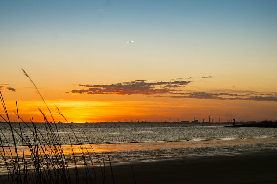 elbe, sunset, evening sky, landscape, brockdorf, nature, sea HD wallpaper