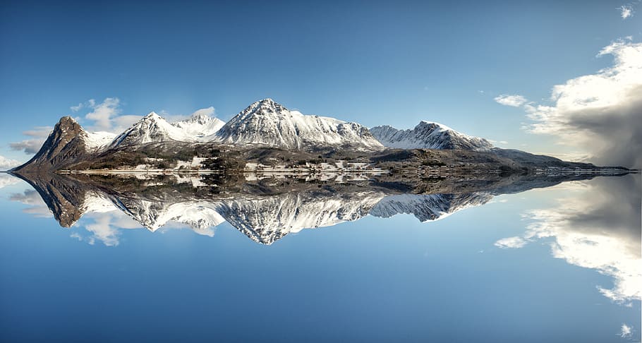 snow mountain beside white sky under blue sky, norway, fjord, HD wallpaper