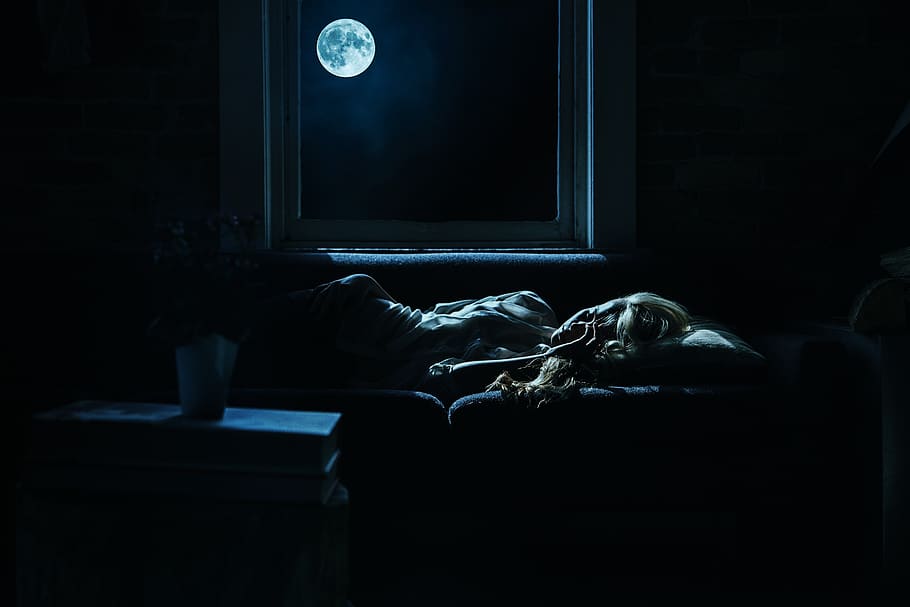 HD wallpaper: night, moon, dark, blue, woman, girl, sofa, living room, slee...