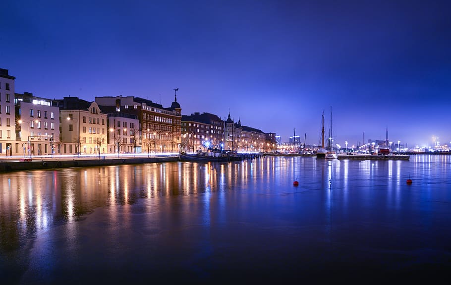 helsinki, sea, coast, water, reflection, dusk, travel, city, HD wallpaper