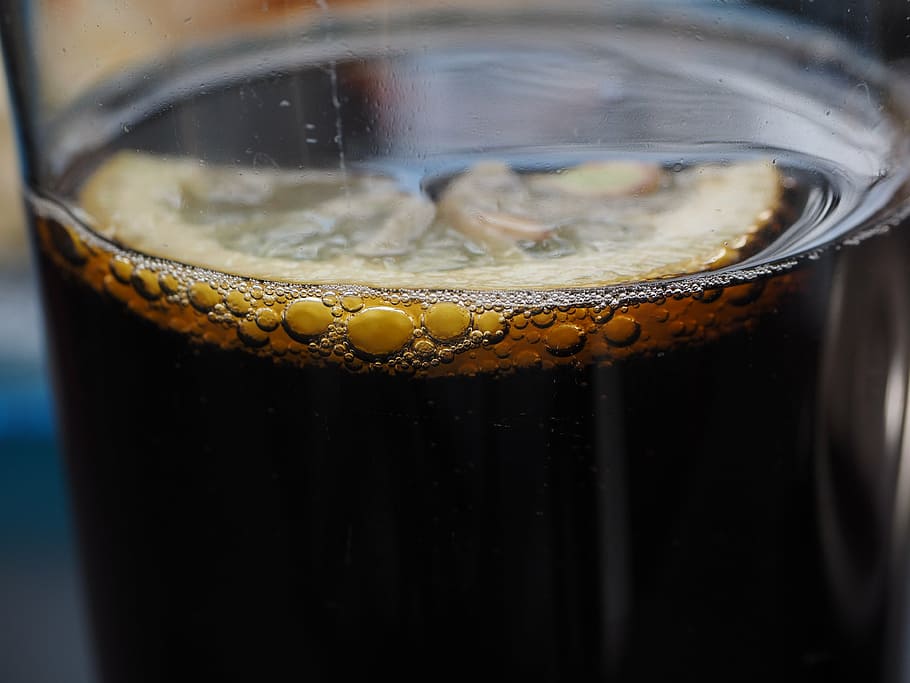 drinking glass filled with black liquid, cola, coca cola, lemon HD wallpaper