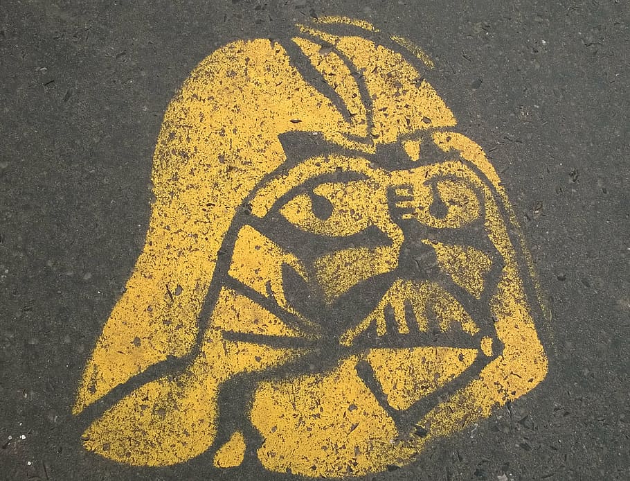 yellow illustration, darth vader, prague, pavement, star wars