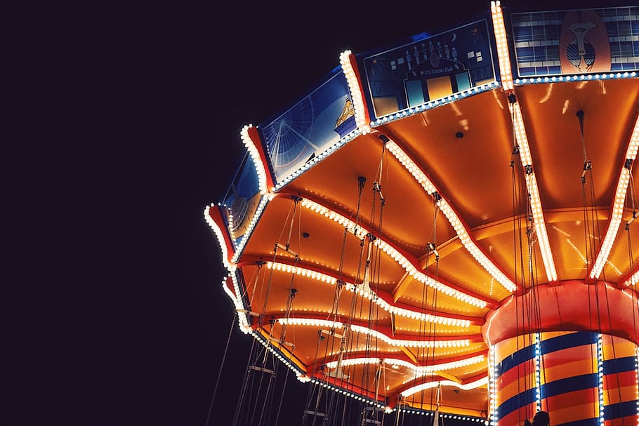 swing ride during night time, architecture, bright, carousel HD wallpaper