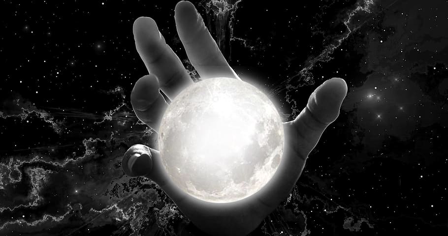 human hand holding moon, space, night, fantasy, sky, surreal