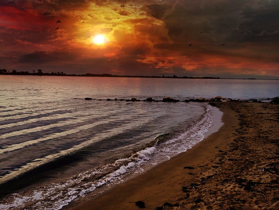 seashore sunset photography, beach, sky, coast, landscape, lake HD wallpaper