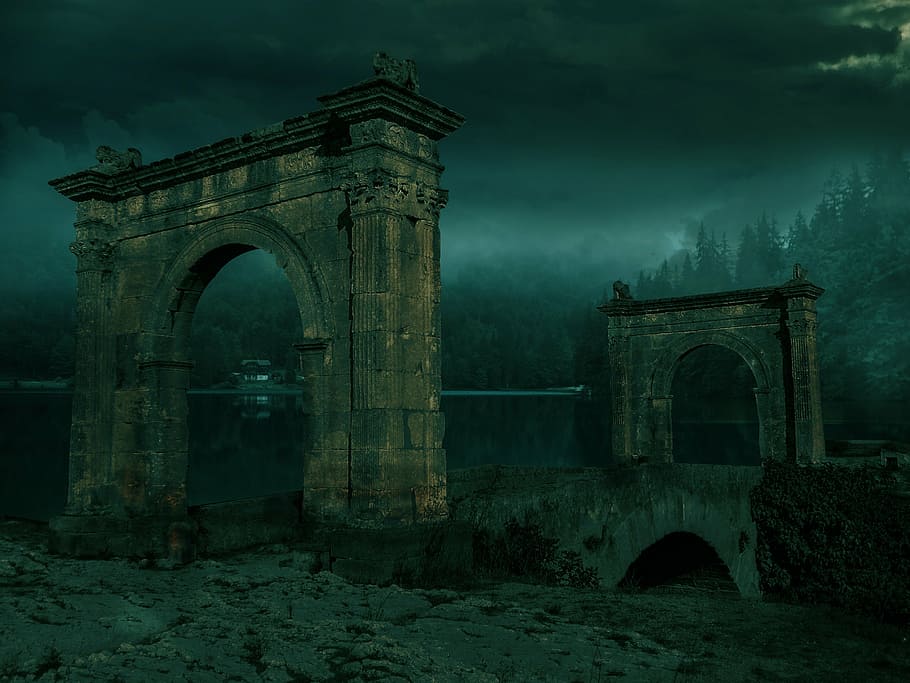 two gray concrete arch ways on arch bridge, lake, silence, fog HD wallpaper