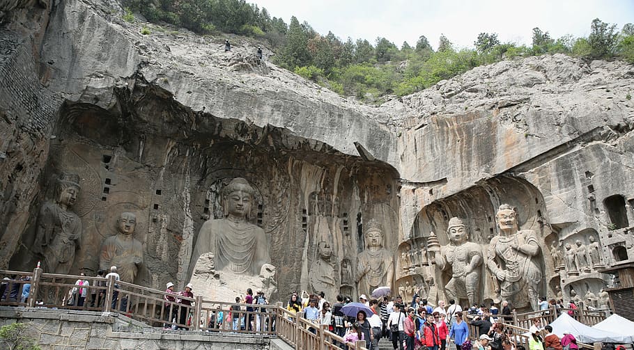 group of people visiting statue during daytime, cave of the great buddha, HD wallpaper