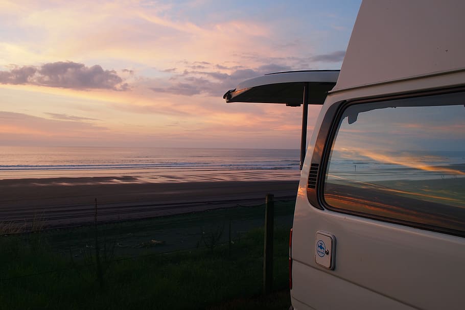 white car, sunset, cloud, beach, van, window, mode of transportation HD wallpaper