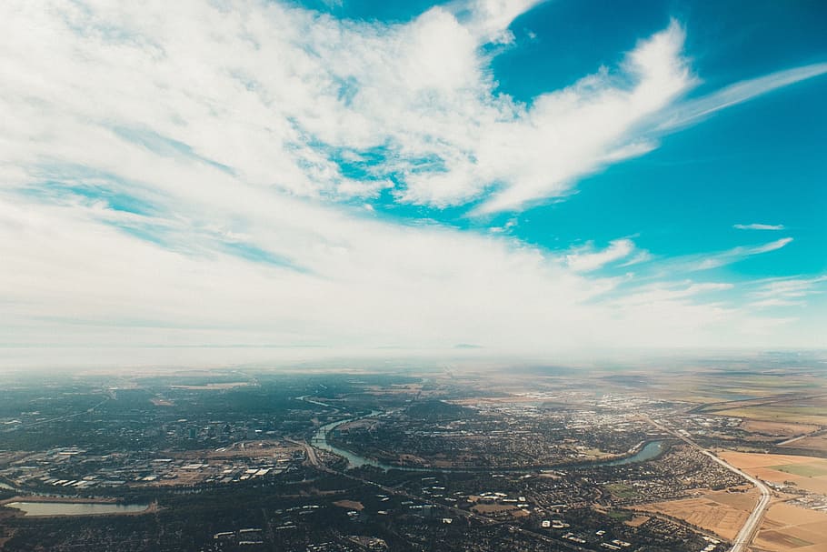 blue, sky, clouds, aerial, view, city, architecture, building exterior HD wallpaper