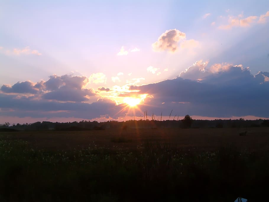 sunset, horizon, dusk, sky, clouds, evening, landscape, field HD wallpaper