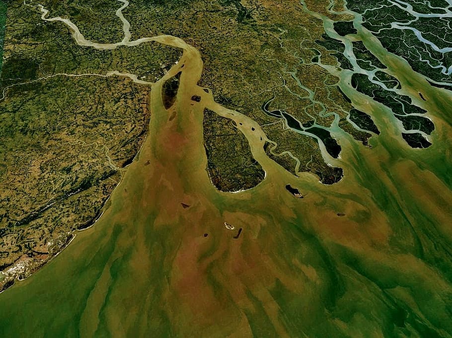 aerial photography of land and water, ganges, aerial view, map HD wallpaper