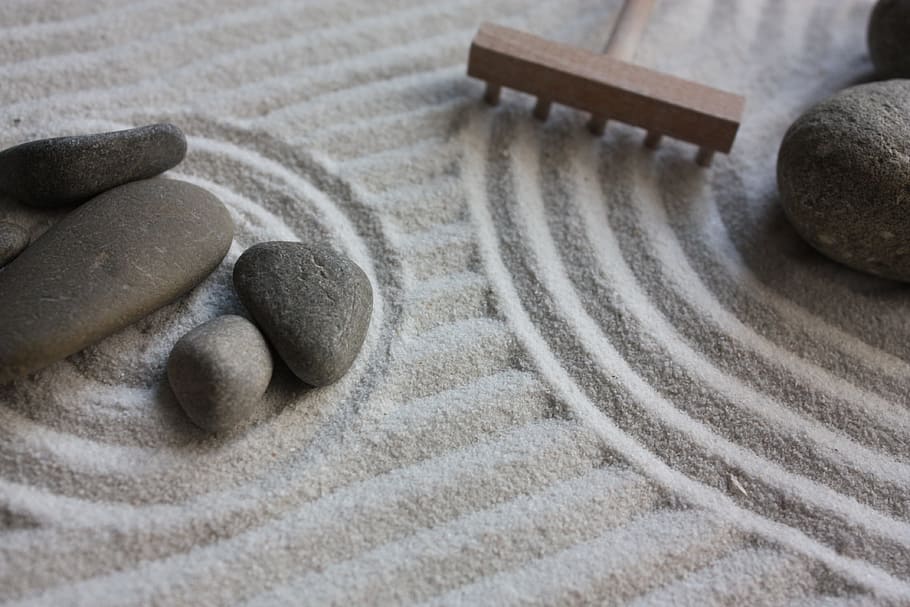 gray stones and white sand, garden, zen, mock up, japan, stone - object