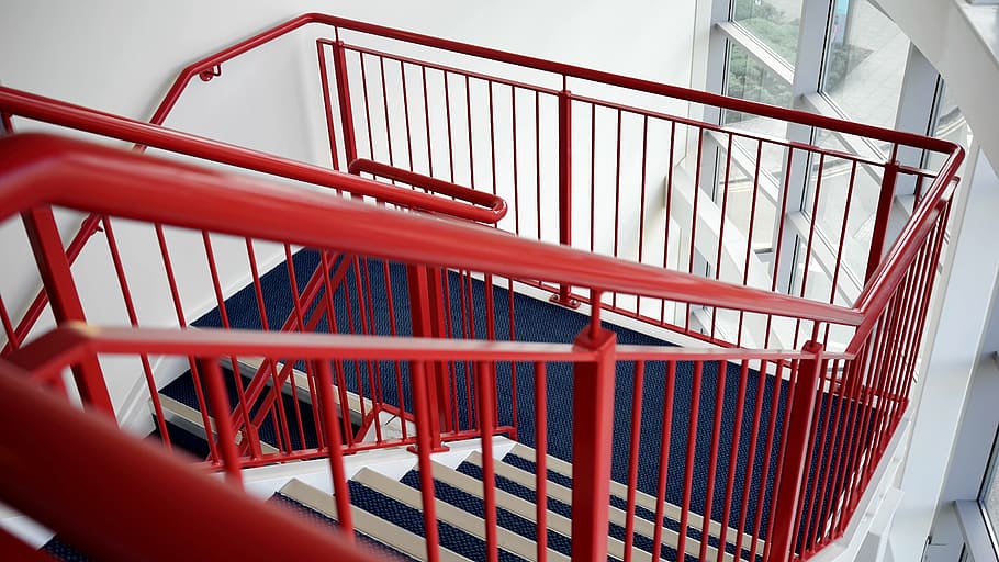 red handrail, stairs, stairwell, stairway, staircase, construction, HD wallpaper