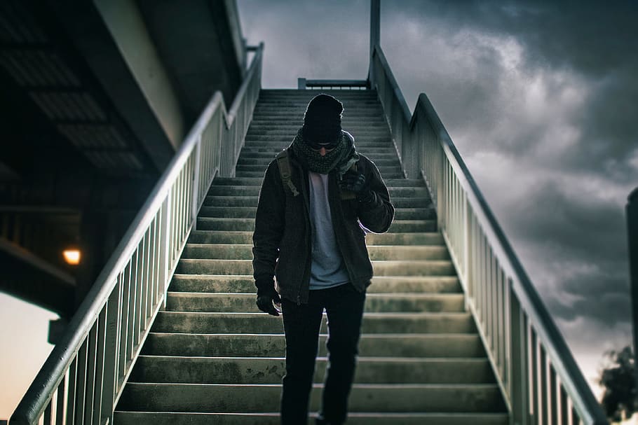 clouds, dark, sky, people, man, alone, building, stairs, architecture HD wallpaper