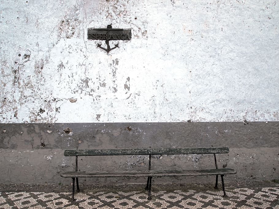 brown steel bench beside wall, black metal bench beside wall HD wallpaper