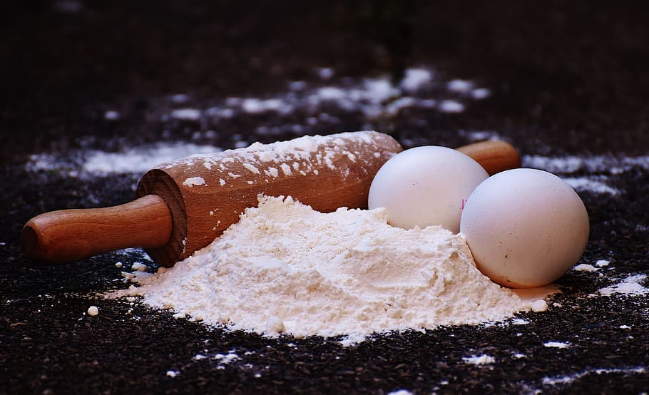 brown rolling pin and two white eggs, bake, flour, ingredients HD wallpaper