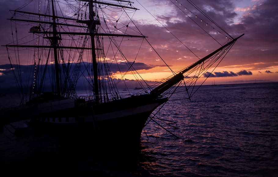 silhouette of galleon during sunset, light, ocean, water, boat, HD wallpaper