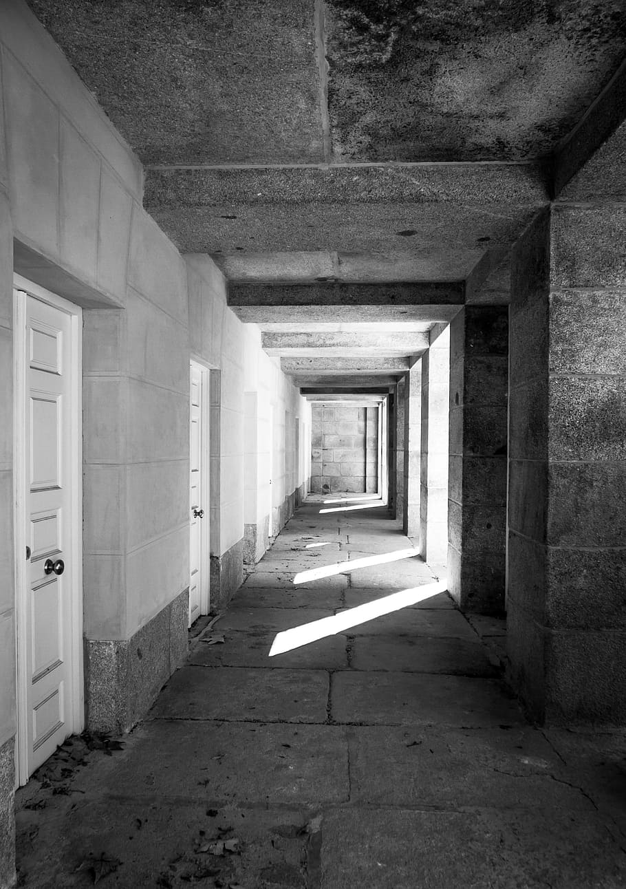 concrete hallway and doors, lights, fear, perspective, cemetery HD wallpaper
