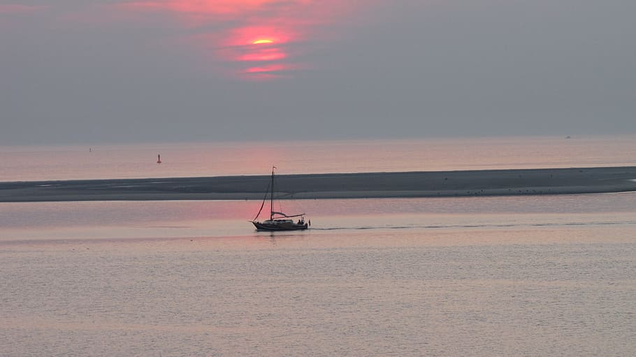 sunset, boot, mood, afterglow, sea, borkum, water, nautical vessel HD wallpaper